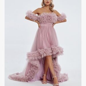Off-Shoulder Ruffle Tulle High-Low Dress in Dusty Pink